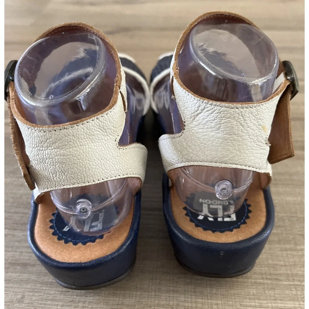 FLY LONDON Navy & White Mesh Front Leather Platform Wedge Sandals SIZE 9-9.5/40